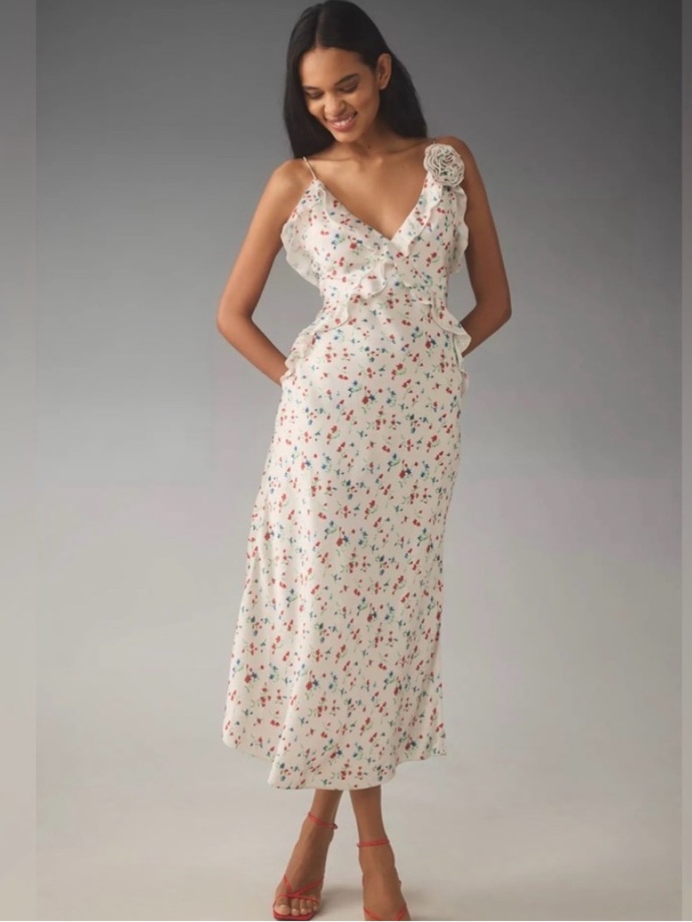 NWT Anthropologie slinky silky slip dress Floral White midi Summer Celebration 8